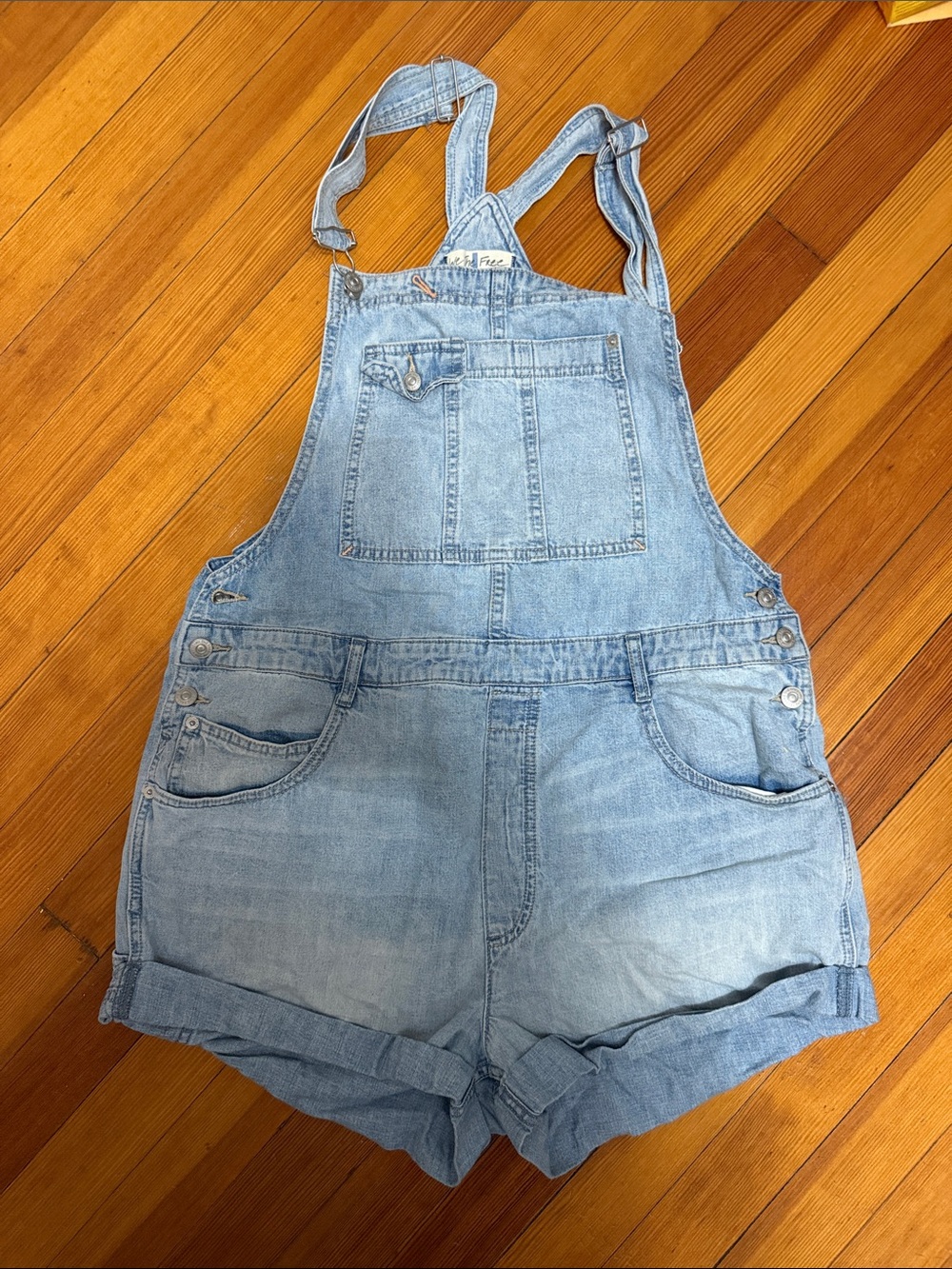 Free People Light Blue Denim Short Overalls Shorts